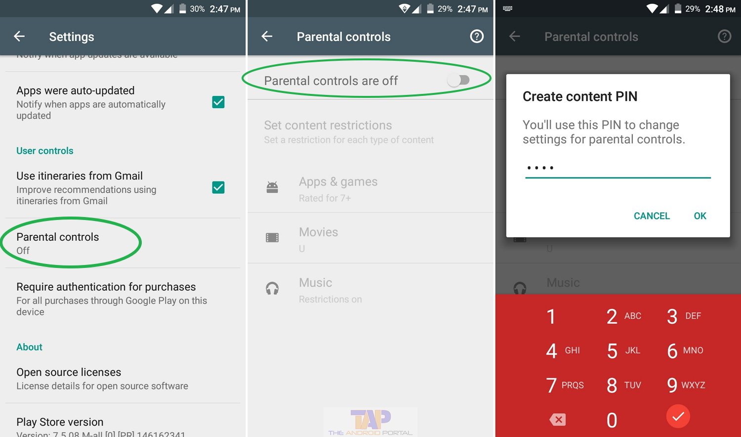 how to set parental controls on google play store