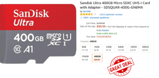 Sandisk Ultra 400GB Micro SDXC UHS-I Card with Adapter
