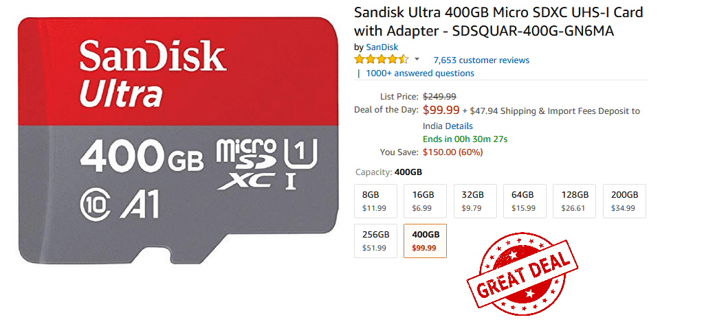 Sandisk Ultra 400GB Micro SDXC UHS-I Card with Adapter