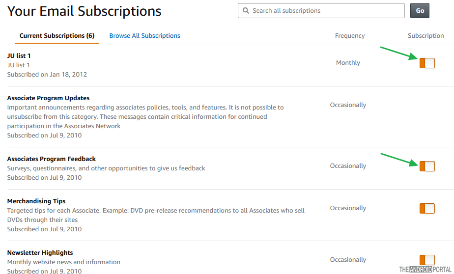 Amazon Email Subscription Setting