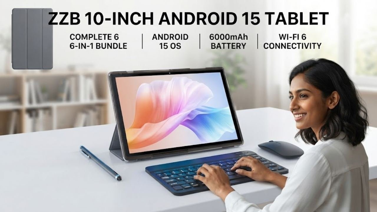 ZZB 10-inch Android 15 Tablet 2-in-1 with Keyboard, Mouse, Case, and Stylus