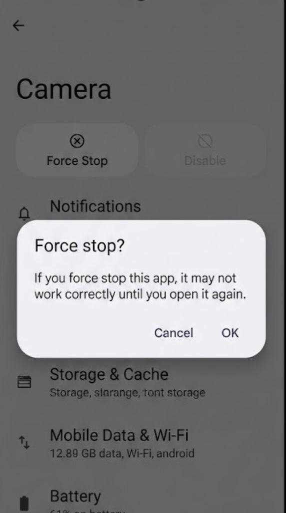 Fix 1 — Force Stop and Reopen the Camera App
