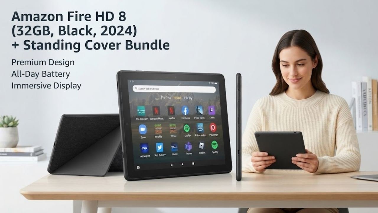 Amazon Fire HD 8 (32GB, Black, 2024) + Standing Cover Bundle